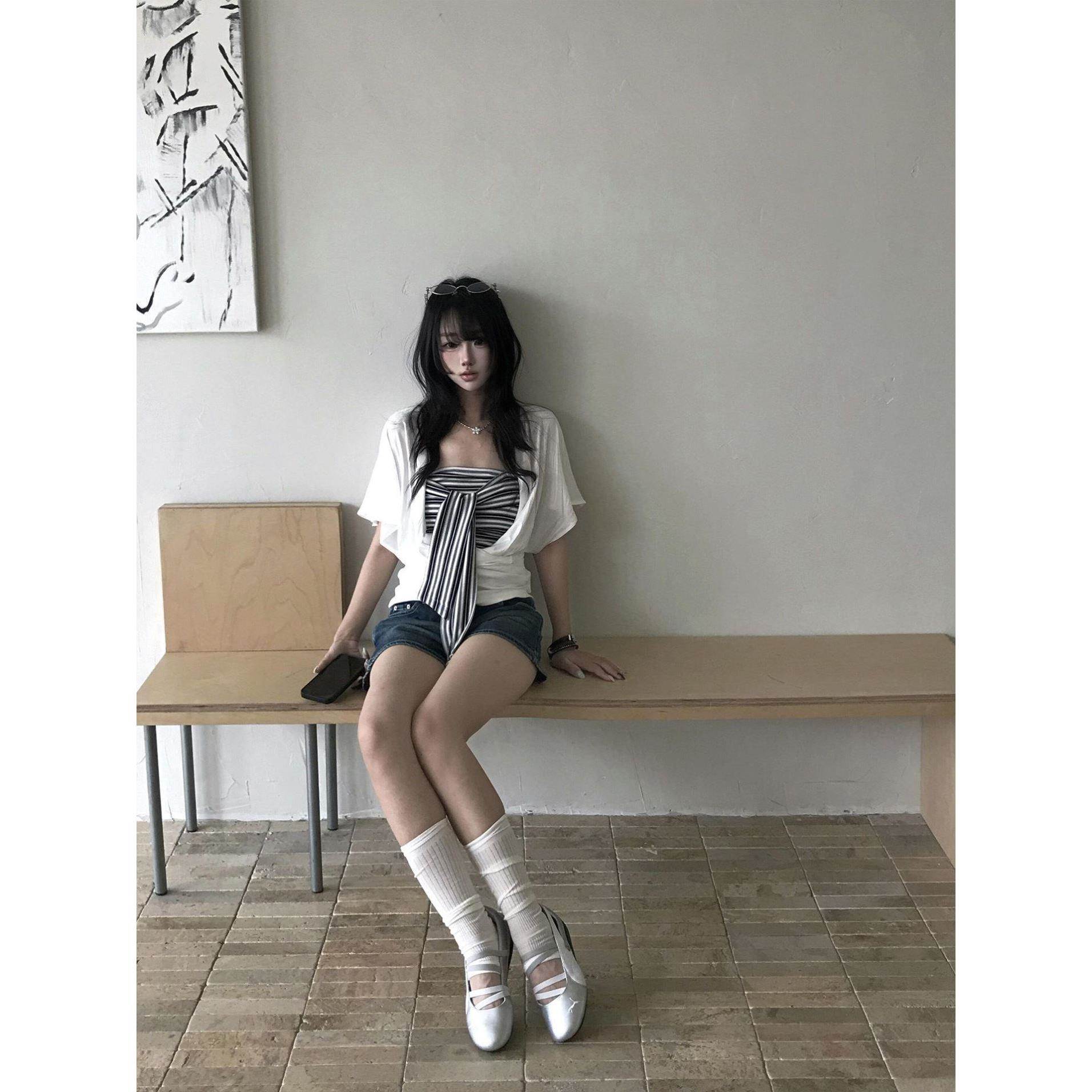 韩系慵懒感蝙蝠袖上衣女夏季条纹抹胸两件套叠穿休闲百搭遮肉显瘦