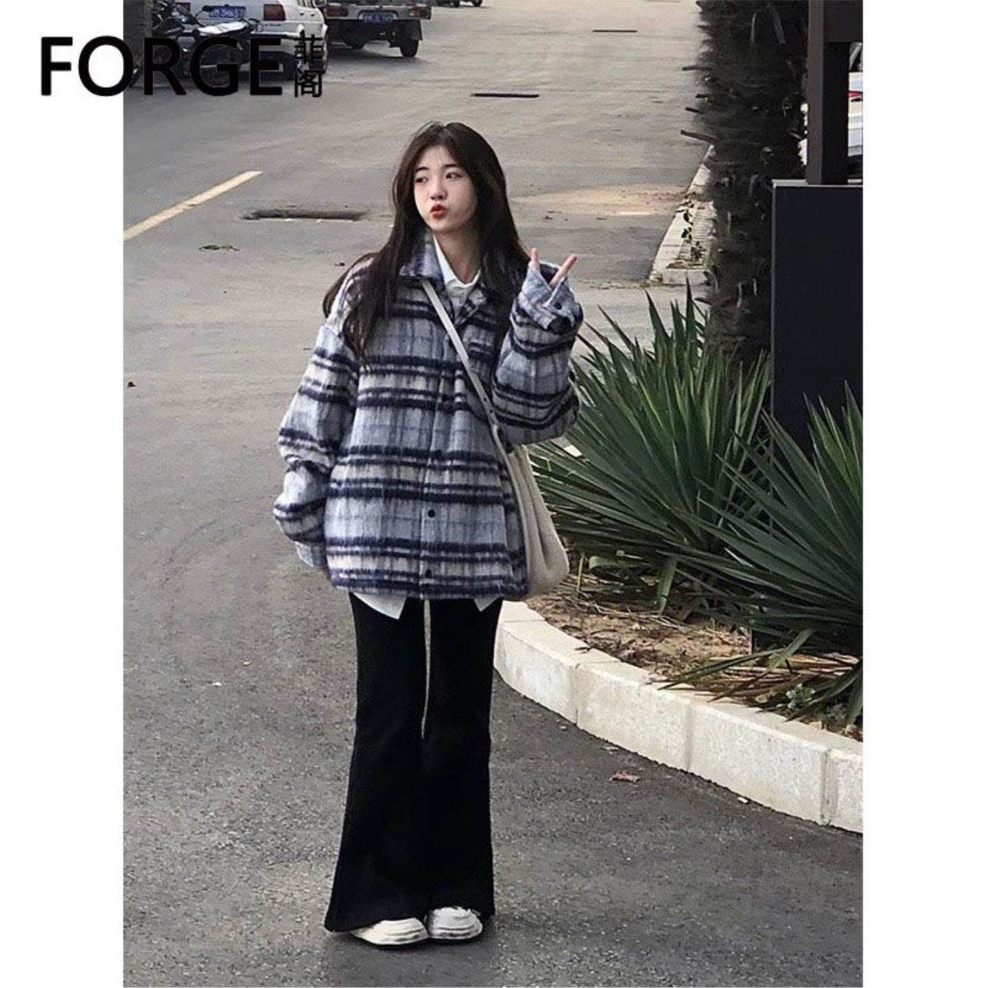 FG港味毛呢格子设计感小众外套女春夏2026新款宽松学生ins上衣