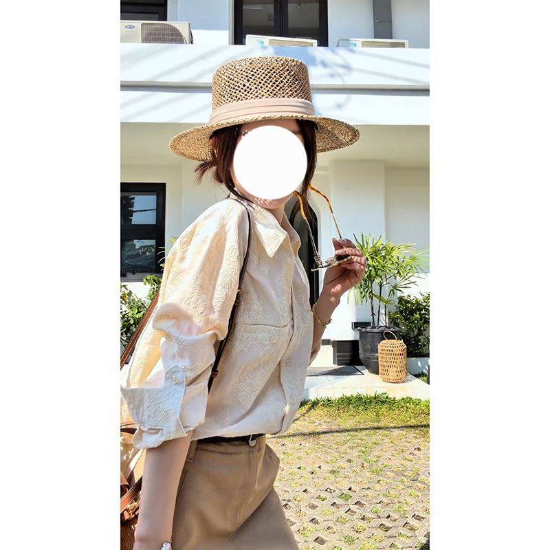 刺绣提花设计翻领宽松衬衫卡其色半身裙套装女度假休闲百搭两件套