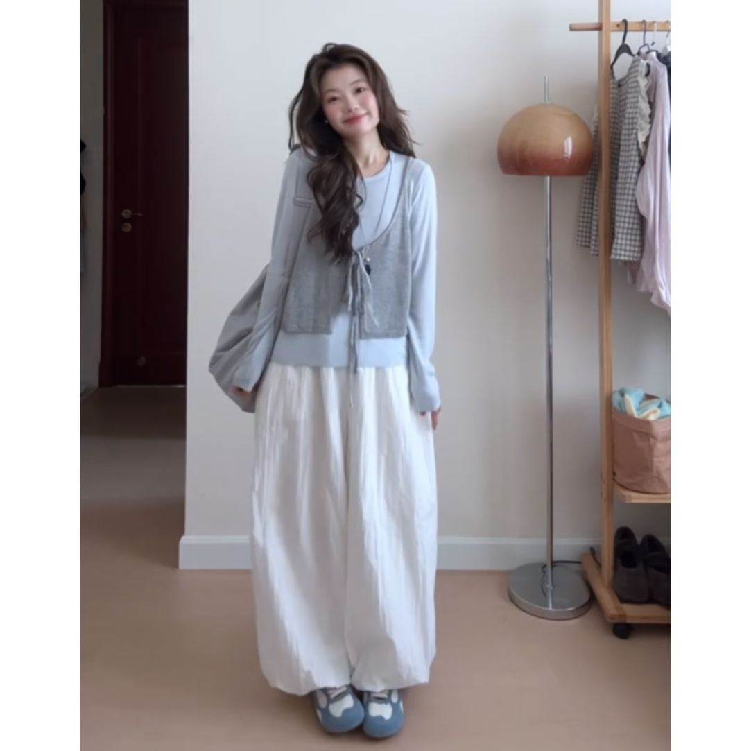 韩系松弛感甜妹长袖打底衫灰色背心上衣阔腿裤三件套春春季新百搭