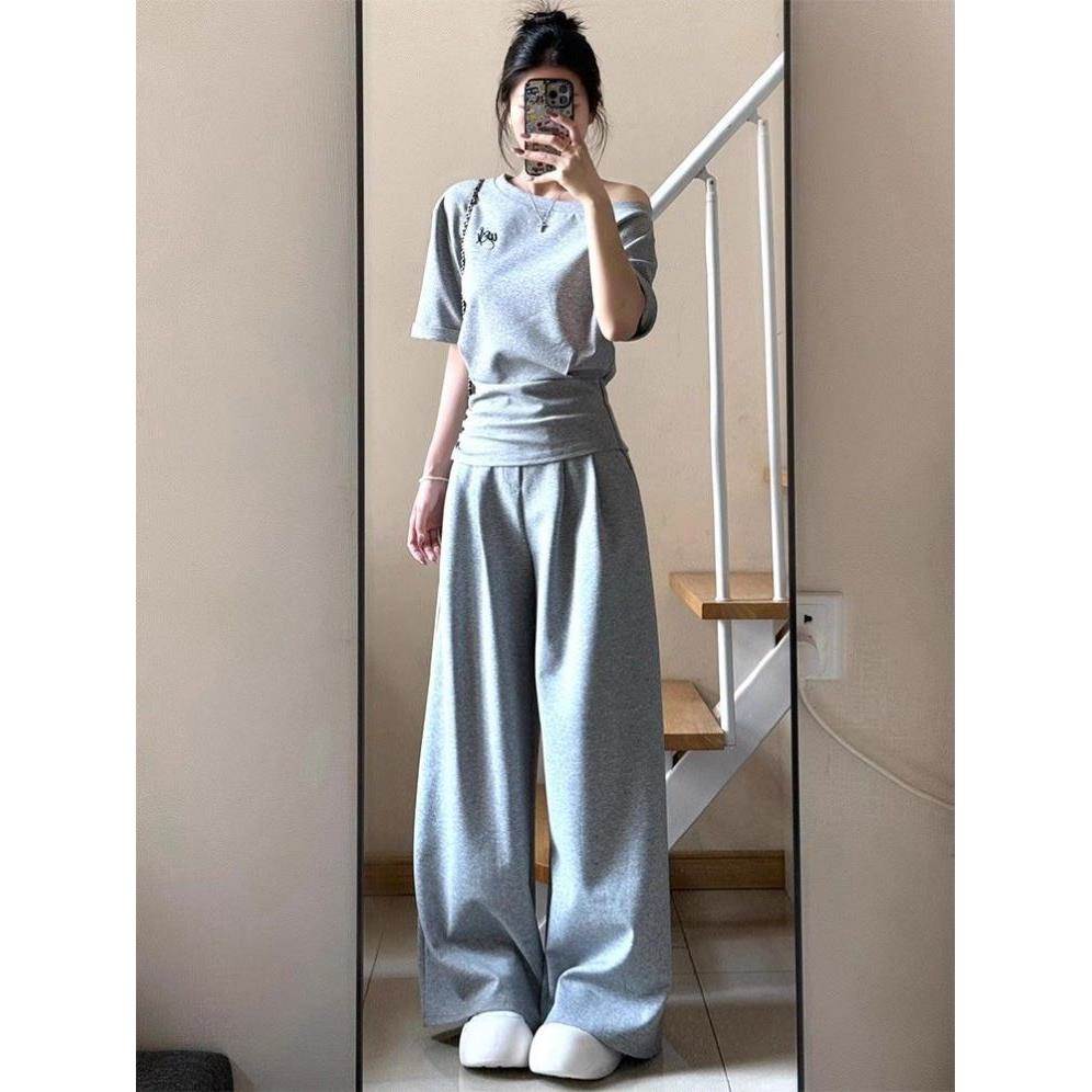 运动套装女夏季学生韩版宽松显瘦时尚盐系网红短袖长裤休闲两件套