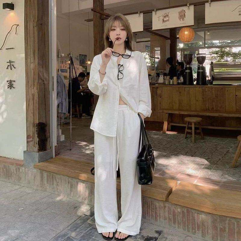 慵懒松弛感白色棉麻套装女2026夏季新款防晒衬衫休闲阔腿裤两件套