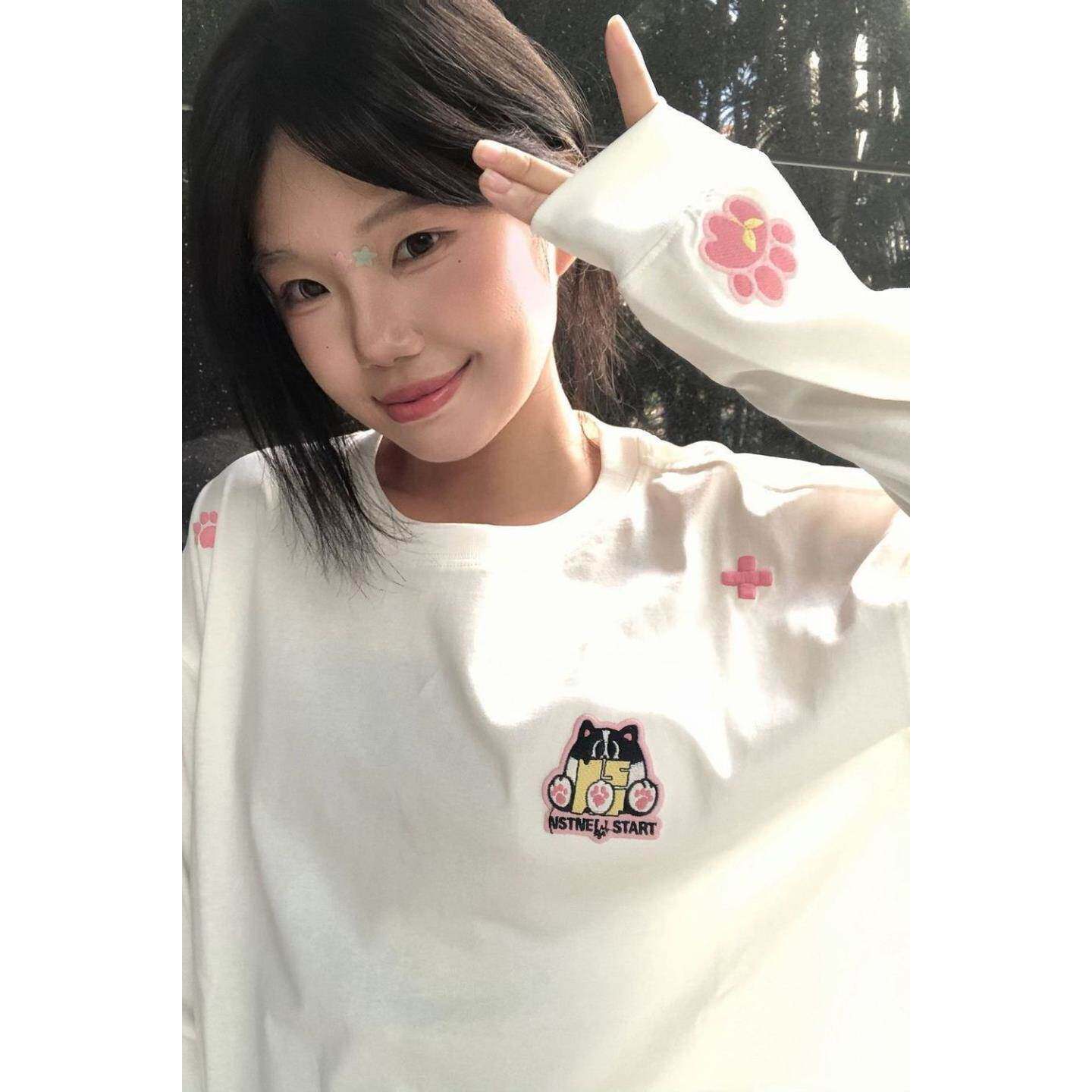 甜美学院风小猫刺绣打底t恤女2026春季新款韩版宽松白色长袖上衣