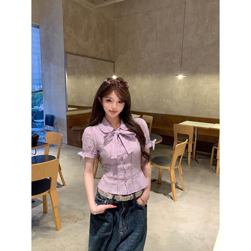 肌理感立体蝴蝶结拼接上衣夏季女法式娃娃领收腰显瘦小众短袖衬衫