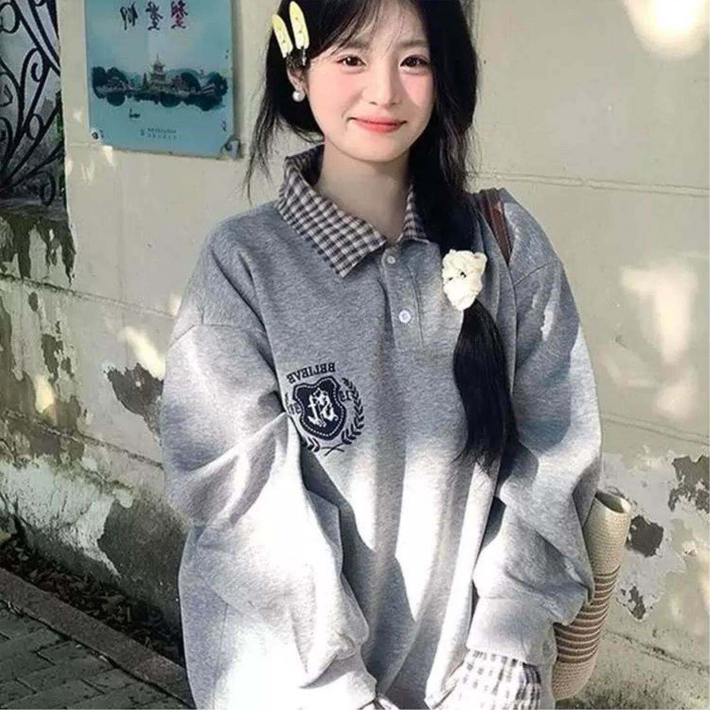 韩系chic格子拼接假两件polo衫卫衣女秋冬新款宽松百搭学院风上衣