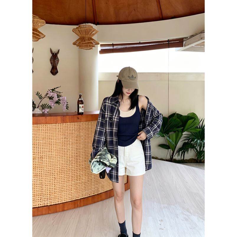藏蓝色防晒格纹长袖衬衫polo领开衫女夏季假两件U型领吊带背心