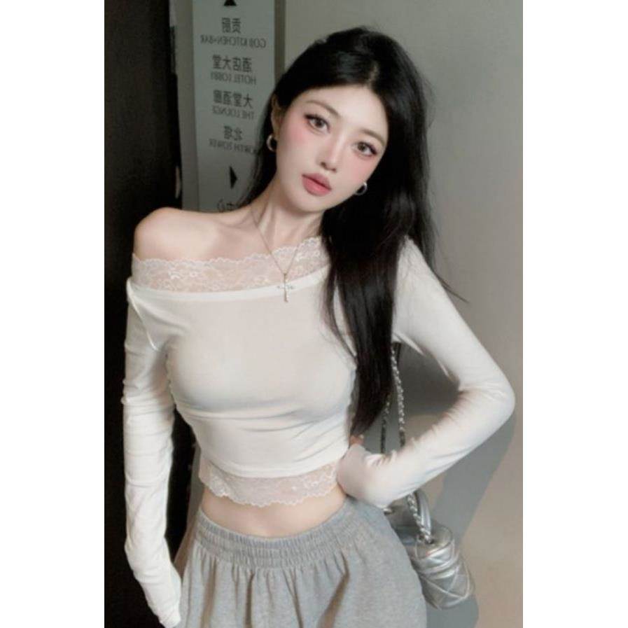 纯欲风斜领蕾丝性感长袖t恤女春春季辣妹露肩设计感修身短款上衣