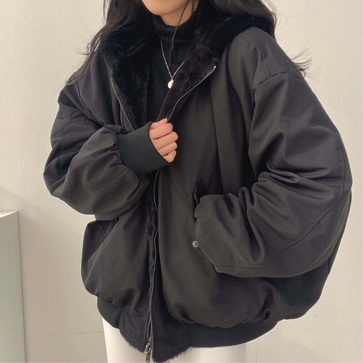 春夏女装韩国加绒两面穿加厚仿羊糕毛棉服外套宽松连帽上衣纯欲风