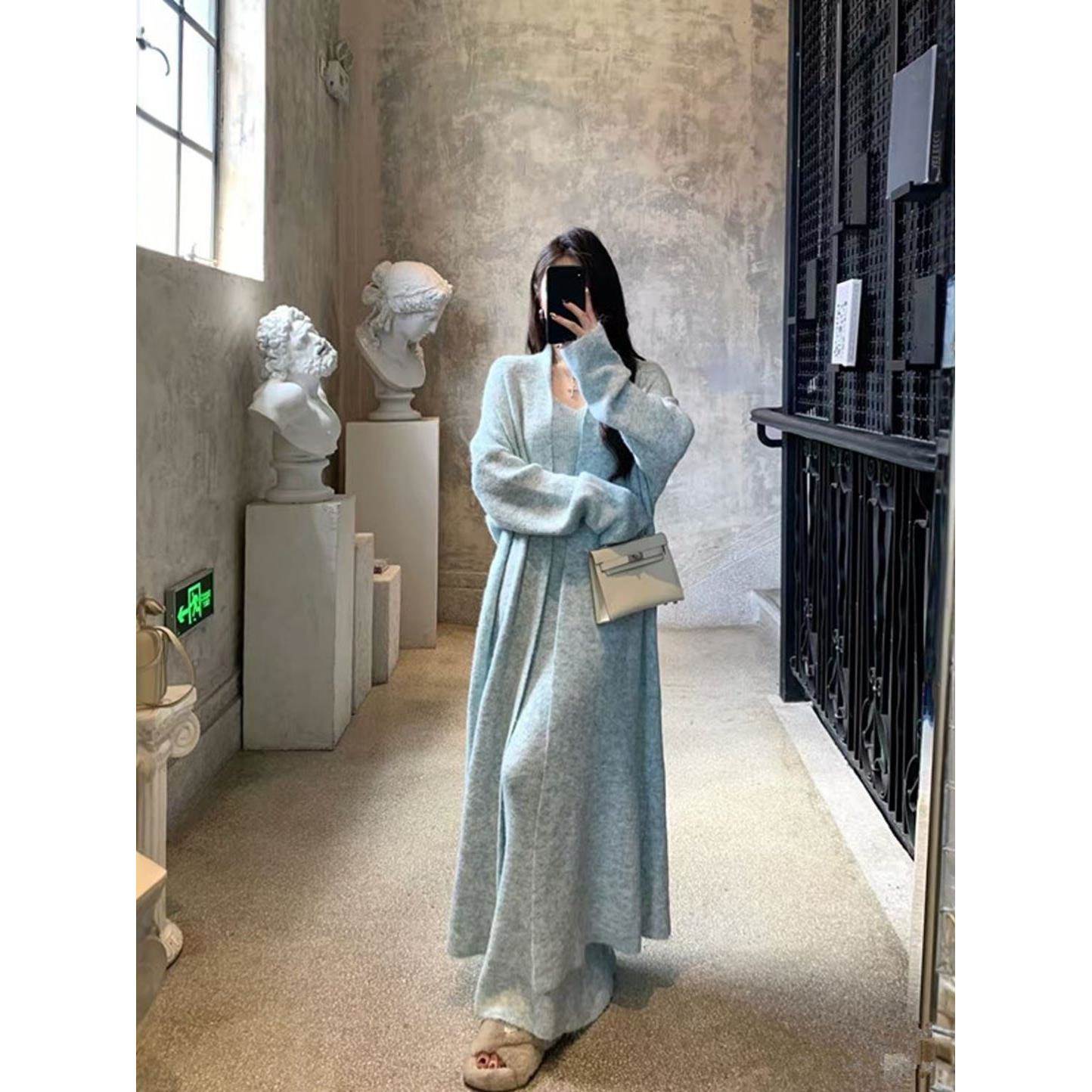 韩系慵懒软糯毛衣开衫内搭长裙两件套女春秋时尚百搭宽松针织套装