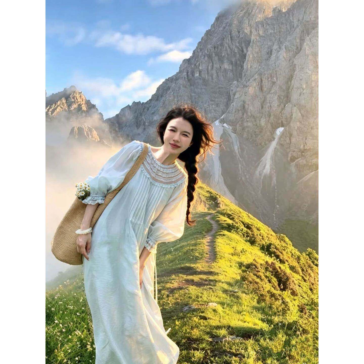 春季新款森系蕾丝拼接牙签褶立体手工褶可系带舒服宽松版连衣裙