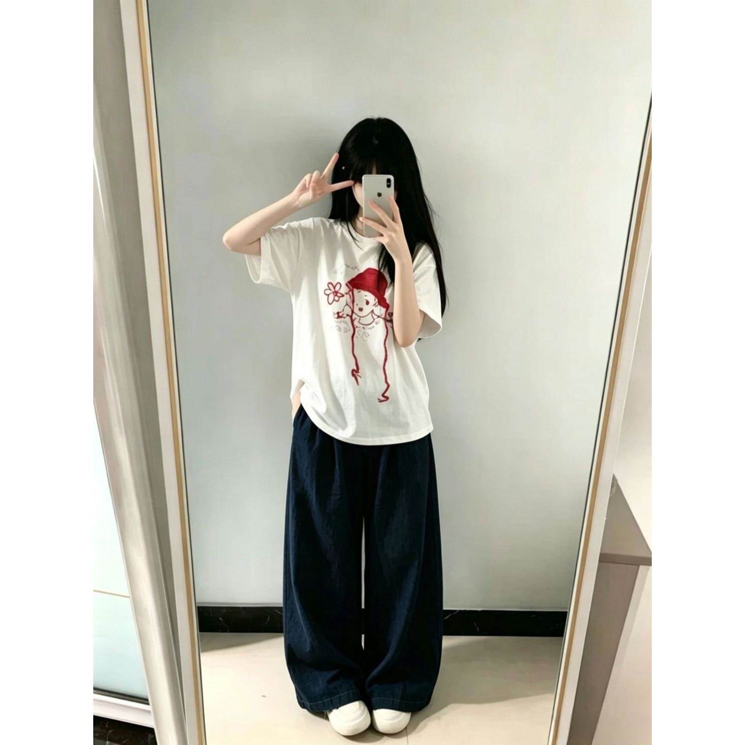 休闲运动套装女夏季透气小红帽女孩印花短袖T恤宽松九分裤两件套