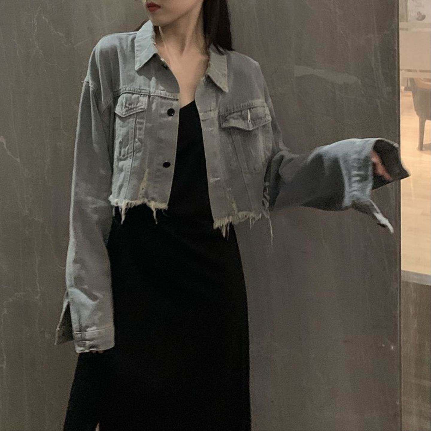 2026年小个子牛仔外套女港味复古短款破洞宽松休闲夹克上衣