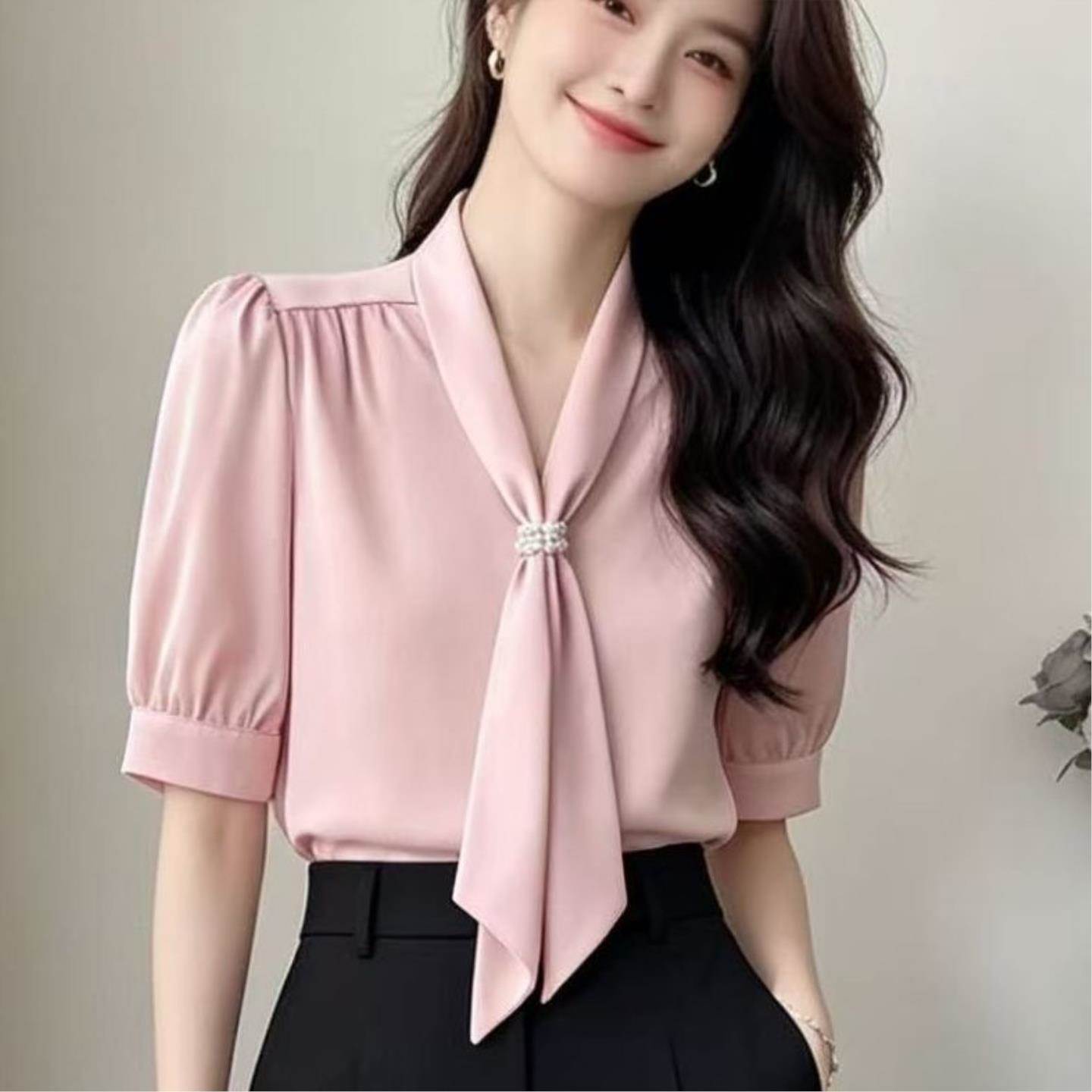 白色系带衬衫显瘦通勤求职季短袖衬衫v领衬衫女醋酸