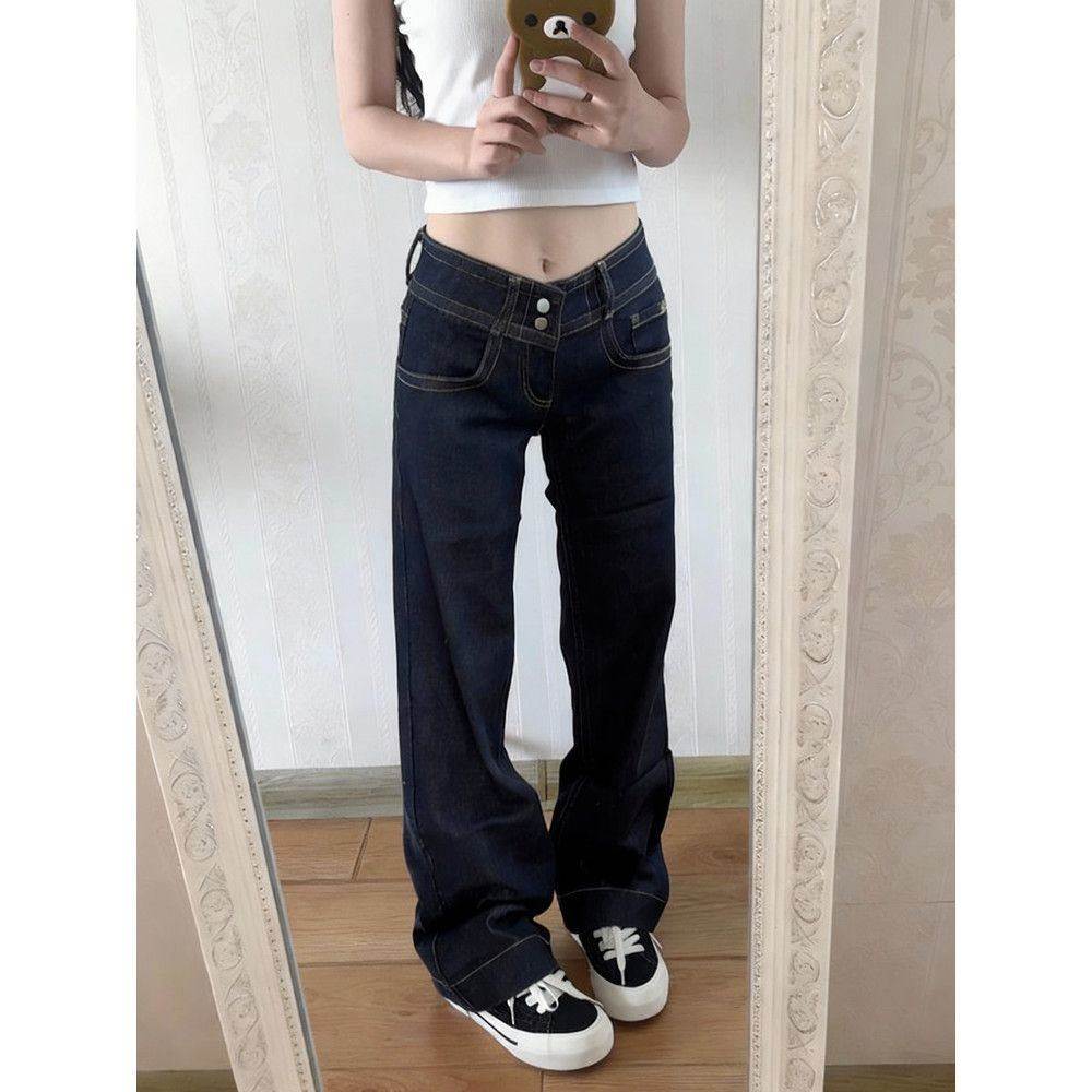 美式复古深蓝色牛仔裤女款低腰裤子夏季新款女裤小个子直筒休闲裤