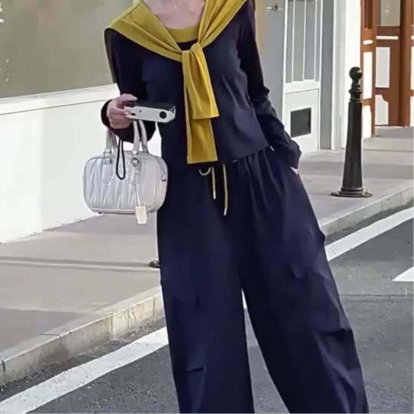 2026超火时尚独特撞色披肩长袖上衣抽绳阔腿裤春春季女装3件套装