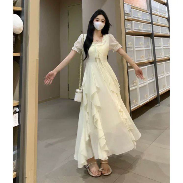 大码法式初恋短袖雪纺连衣裙女夏季微胖mm遮肚显瘦海边度假长裙子