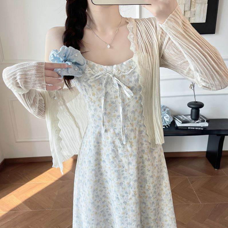2026夏季韩版软妹甜美奶fufu淡紫碎花裙温柔风吊带长裙+防晒开衫