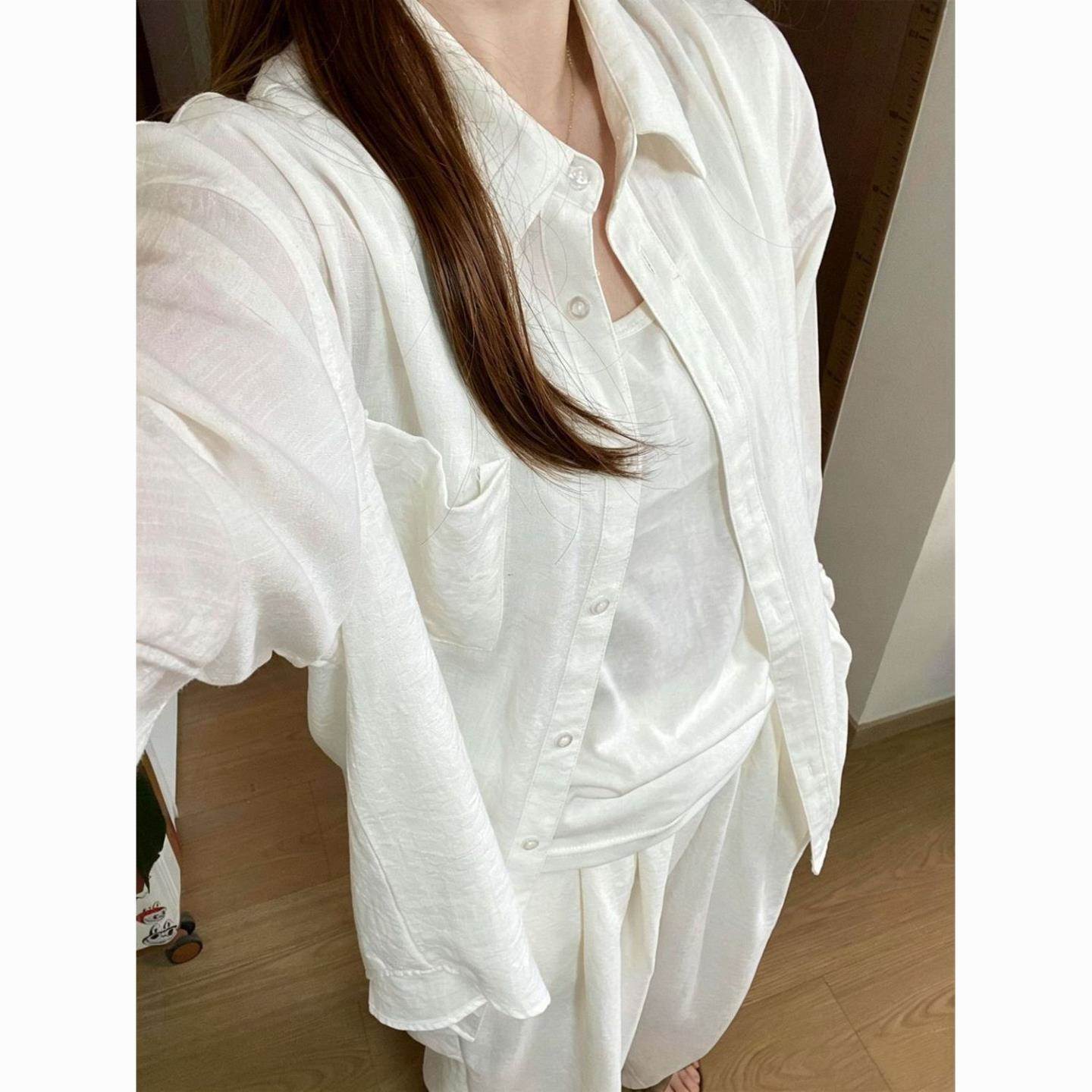 白色亚麻衬衫女夏薄款淡人高智感外套宽松慵懒老钱风棉麻初秋衬衣