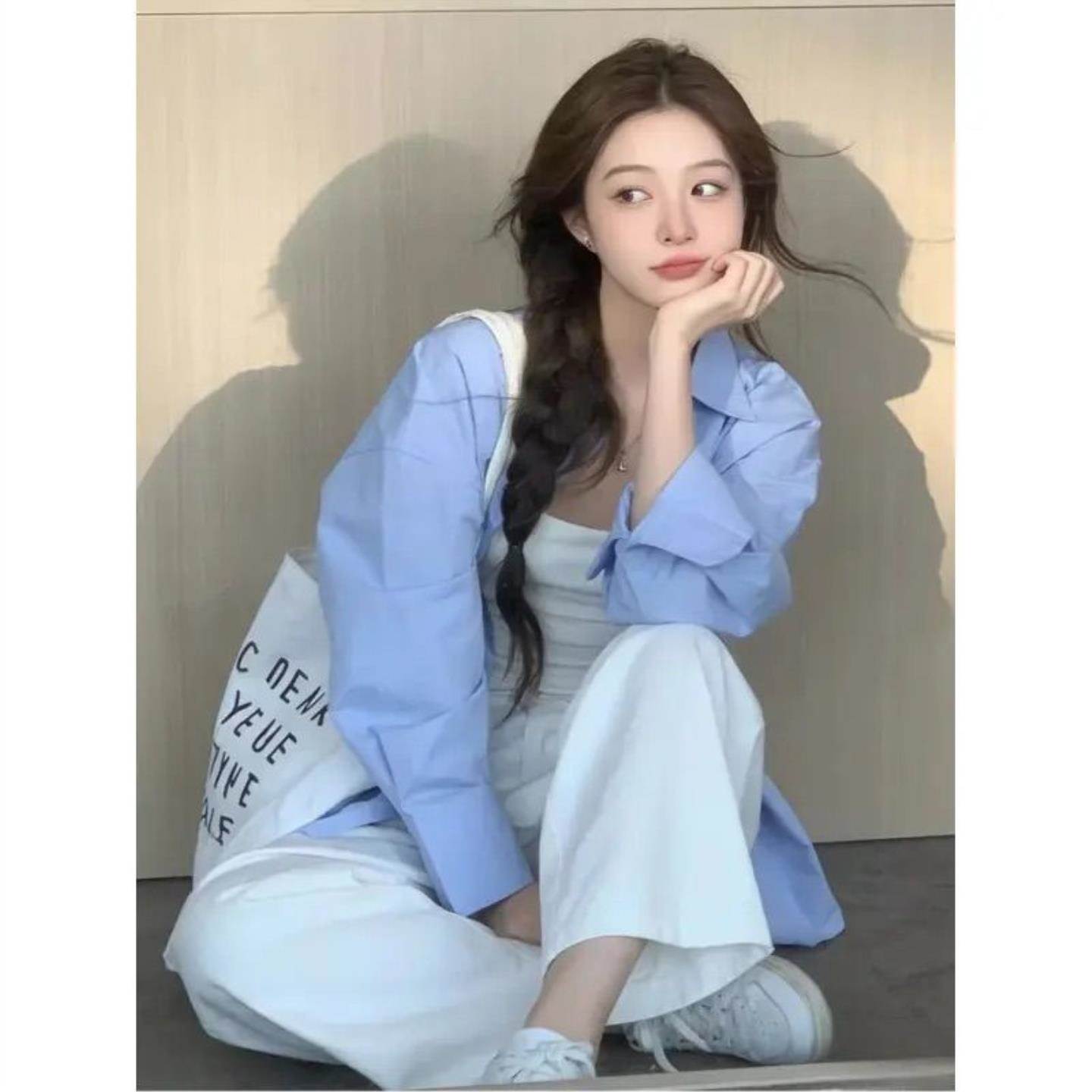 蓝色轻薄长袖外搭上衣女2026新款秋季宽松慵懒风冰丝防晒衬衫外套