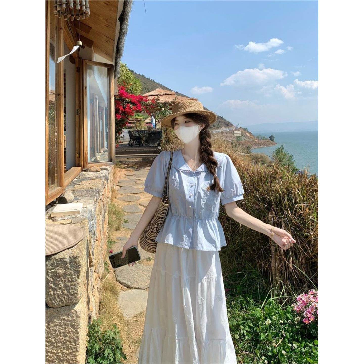 甜美刺绣娃娃领短袖衬衫女秋季2026新款收腰气质高级休闲韩系上衣