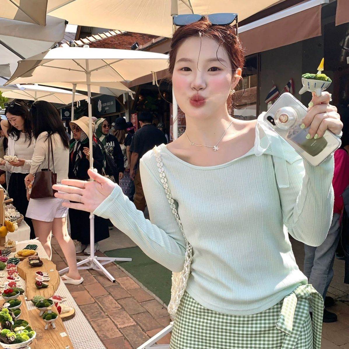 韩版系带露肩长袖恤女修身温柔风仙女针织衫上衣