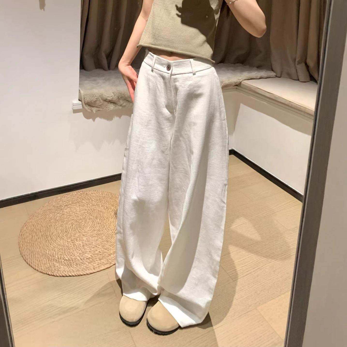 白色弯刀裤女款夏季薄款巨好看显瘦亚麻裤子韩系松弛感宽