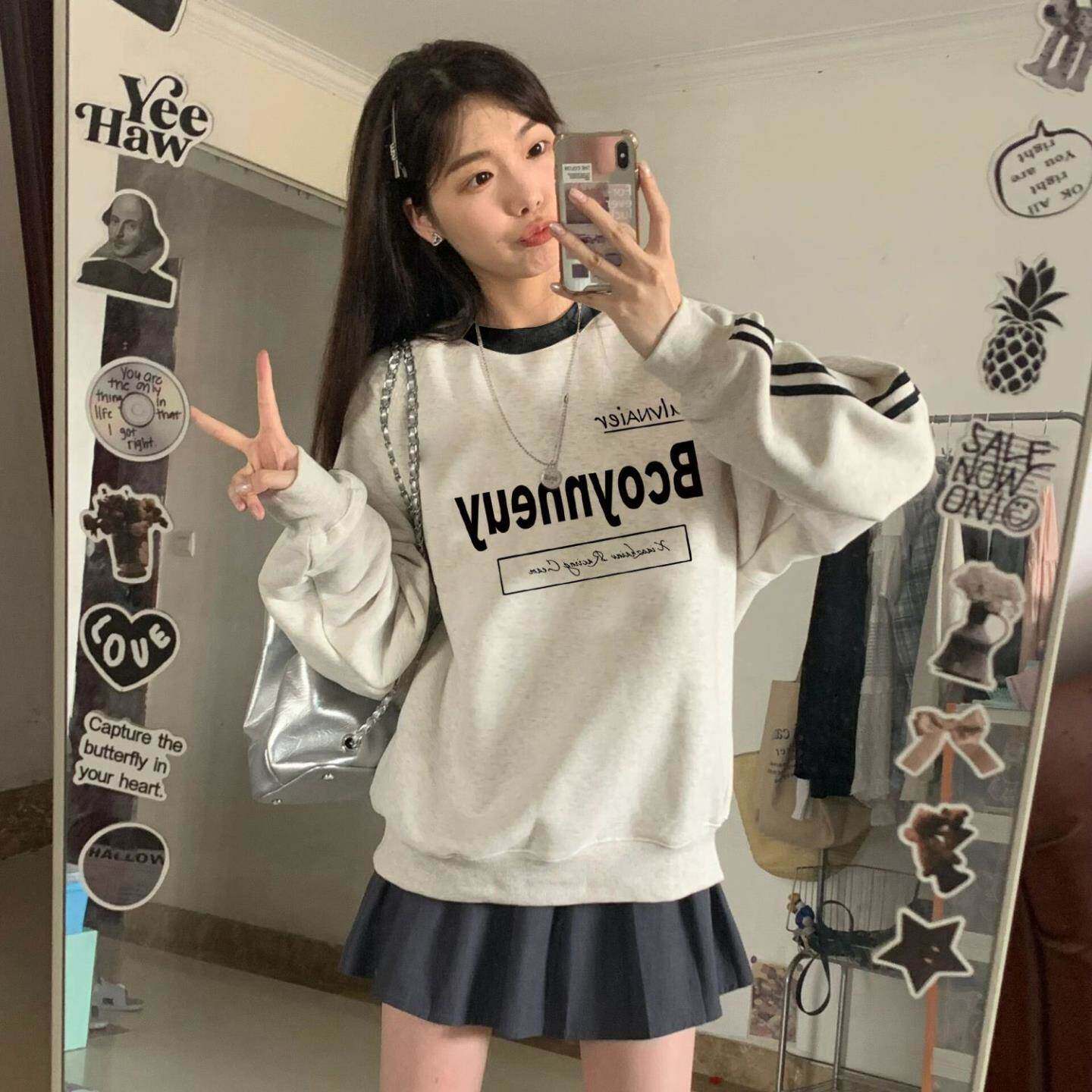 韩系chic设计感长袖t恤女撞色复古显瘦遮肉洋气ins学院风圆领卫衣
