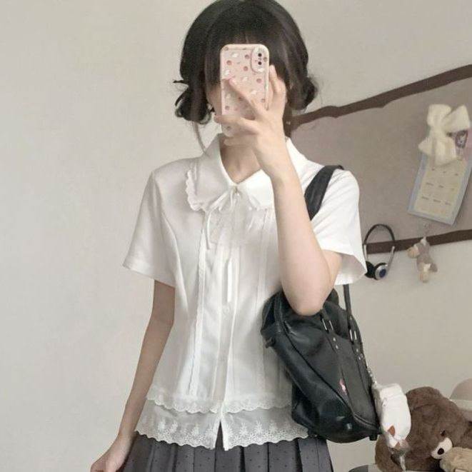 上衣学院风蕾丝花边娃娃领白色短袖衬衫夏季jk制服女