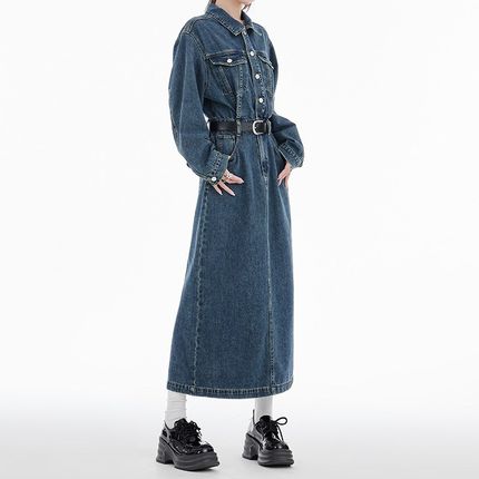 长袖牛仔连衣裙女j秋冬款2024新款复古收腰设计显瘦后开叉A字中长