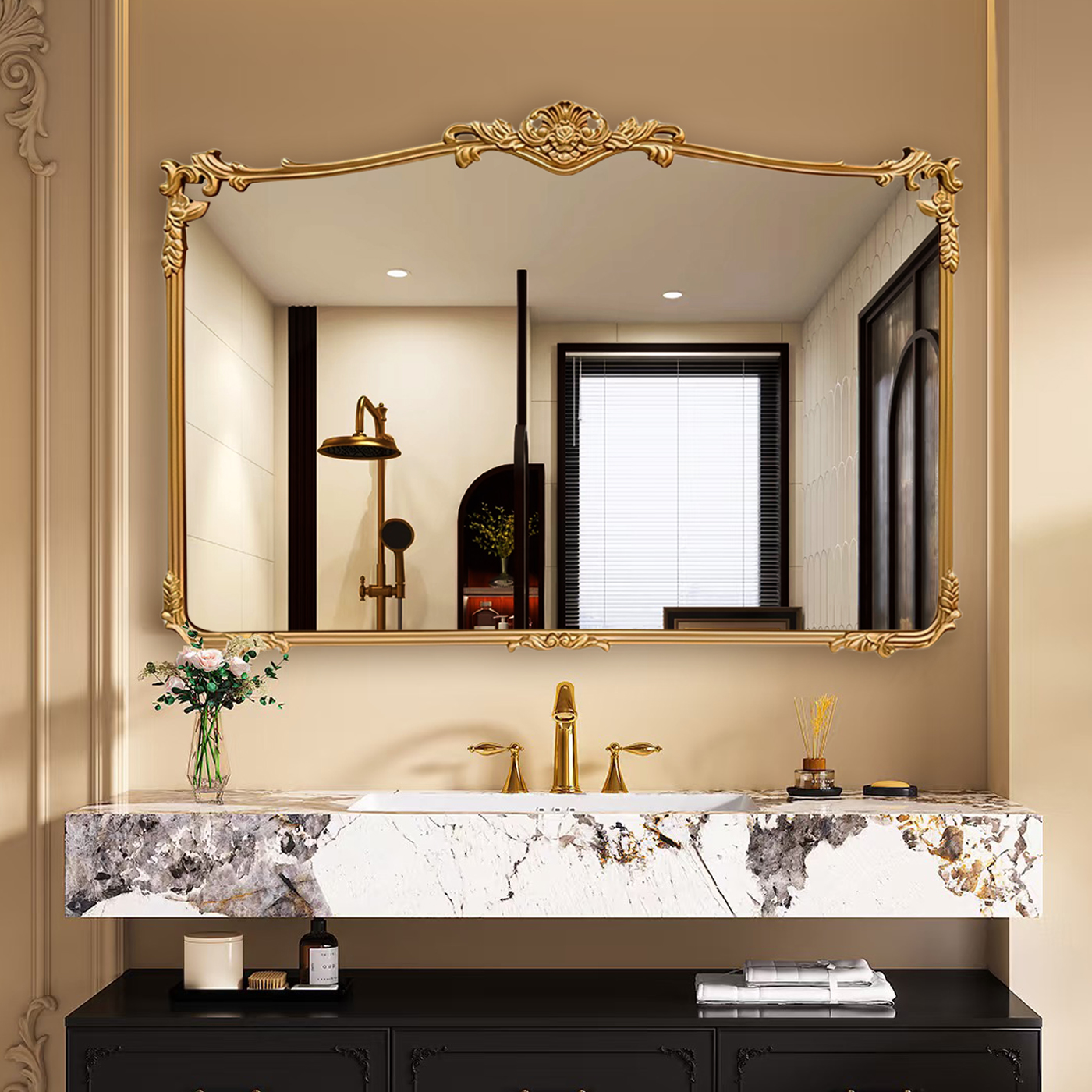 法式复古浴室化妆镜欧式雕花卫生间梳妆镜壁挂墙美式壁炉装饰镜子