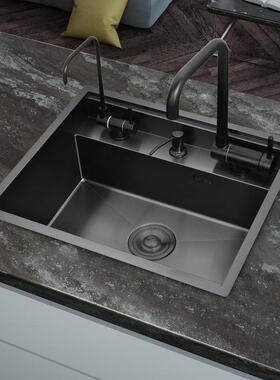 纳米黑色中岛吧台水槽隐藏式厨房洗菜盆304不锈钢单槽隐形带盖板