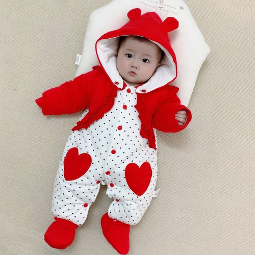 婴儿冬季加厚夹棉保暖包脚连体衣