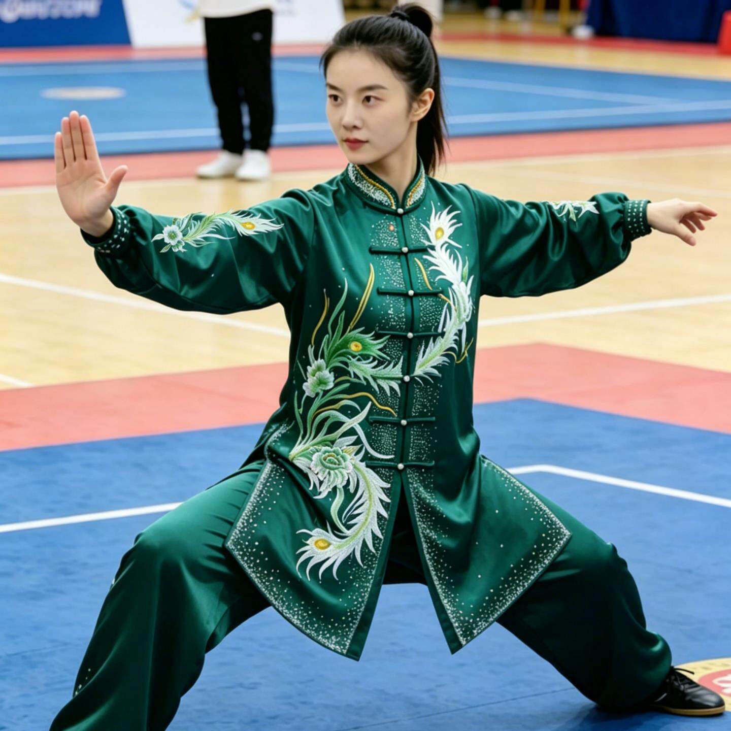刺绣新款春秋极服表演武太术练功演出墨CCB气功段八锦绿比赛服钻