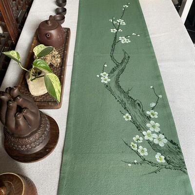 BLB手绘桌旗亚麻禅新中艺国茶旗棉莲麻茶垫中国风花绿桌布风茶垫