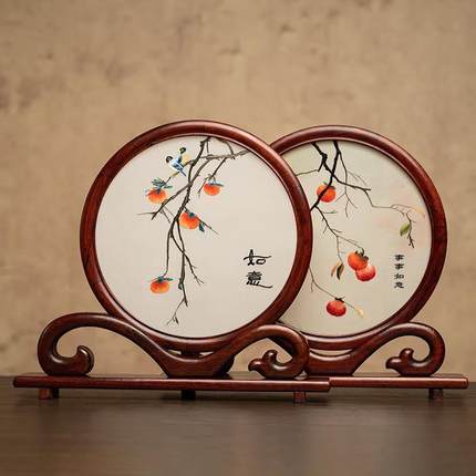 苏州摆刺绣摆件双面绣创意新中式桌饰台屏面台绣UTI装美国风商务