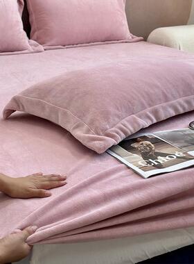 绒可制A类加绒冬加厚牛奶床笠单UQW件季保暖法兰珊瑚绒床罩三件定