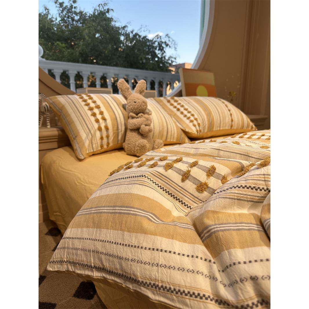 色黄织水洗棉芝士奶酪毛球球床上四件全棉1XZK套.m1.85米公寓被套