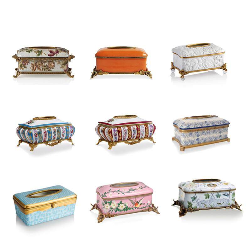 茱莉安法式轻奢彩装饰件客陶瓷配铜玻厅桌ISD面精致纸巾盒收摆纳