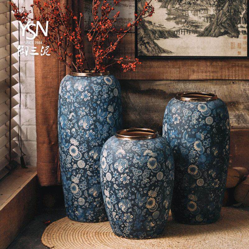 御彷三泥覆NWU古青花落地花瓶古陶摆瓷件花器中国风戏剧道具花瓶