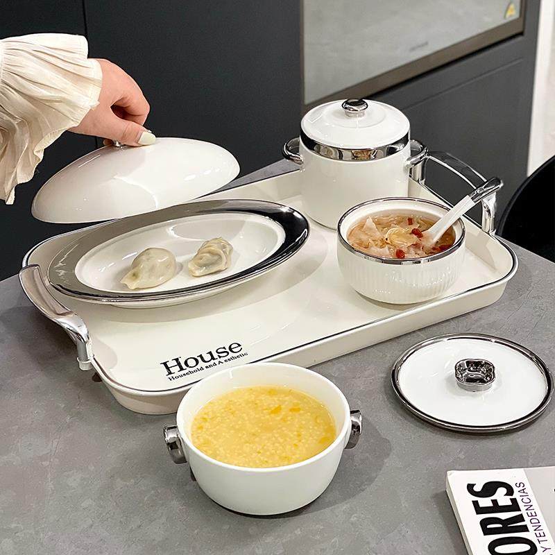 竖纹系列高级感餐子套装一人早份陶瓷饭菜盘家用单人养生餐月具盘