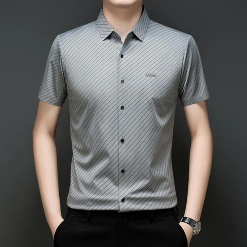 师凯服饰5短袖衬衫夏季凉感透气冰丝条纹衬衣弹力百搭休闲上衣