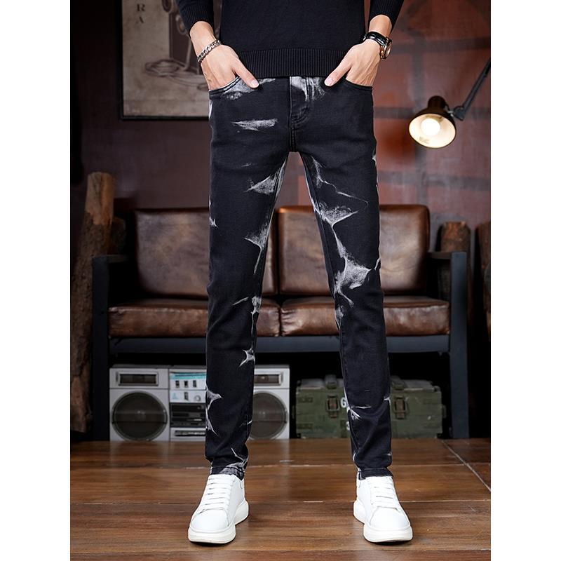 欧玖帅男装长裤小脚裤水墨印C花牛仔裤 2025新款秋冬修身弹力裤子