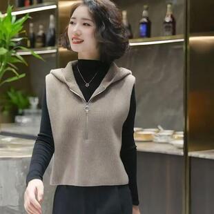 居家日用套装点击率连帽女马甲针织衫显瘦秋季套头舒适纯色慵懒风
