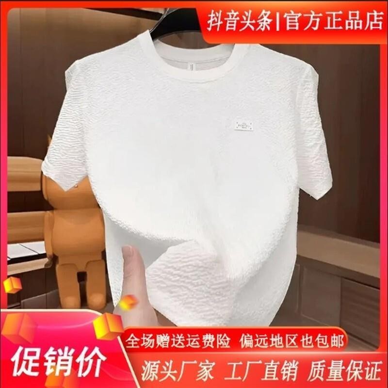 暮云绅廊潮男夏O季冰丝肌理a感绣标圆领短袖时尚半袖轻奢T恤男