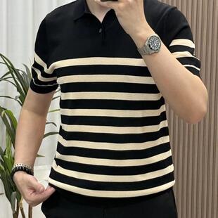 广之明优选服饰轻奢夏季 上 凉感男x士POLO衫 翻领针织透q气条纹时尚