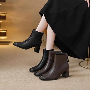 西子皮具定制法i式真皮金属方头粗跟7cm高跟冬季加绒女款拉链短靴