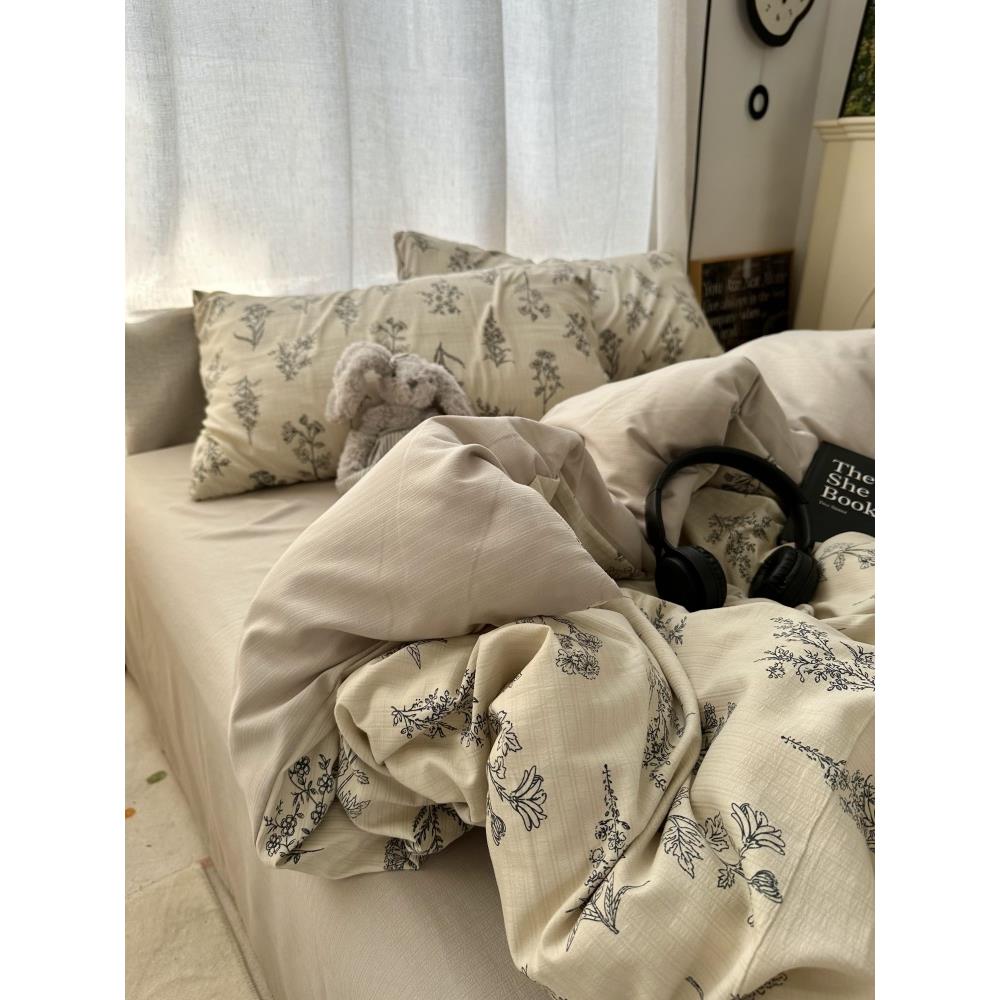 法式复古田园风简笔花卉水洗棉床上四件套床单学生被套三件套床笠