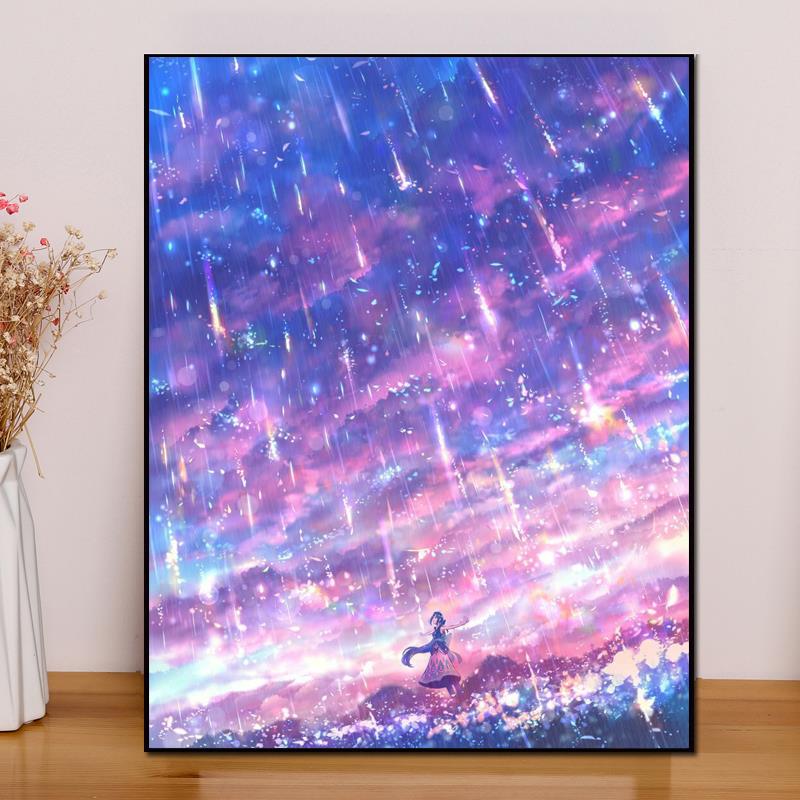 卡通风景钻石画2024新款唯美流星雨客厅卧室5d贴钻十字绣小幅满钻