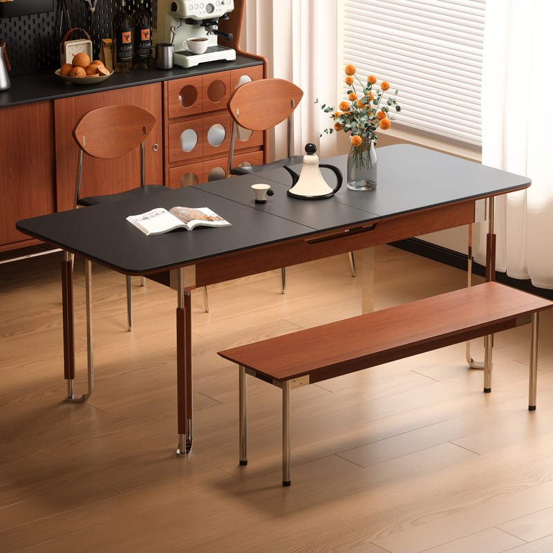 木小咖 实木伸缩餐桌长方形家用现代简约饭桌中古风餐桌椅组合