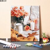 数字油画手工填充玫瑰早餐牛奶咖啡手绘填色涂色丙烯油彩画